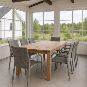 Ulkoryhmä: 8 tuolia ja tiikkipöytä 210 x 90 cm Ulkoryhmä: 8 tuolia ja tiikkipöytä 210 x 90 cm
