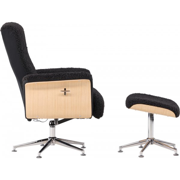 Hagön lepotuoli jalkarahilla - Musta lampaannahkajäljitelmä/öljytty tammi + Huonekalujen puhdistus Hagön lepotuoli jalkarahilla - Musta lampaannahkajäljitelmä/öljytty tammi + Huonekalujen puhdistus