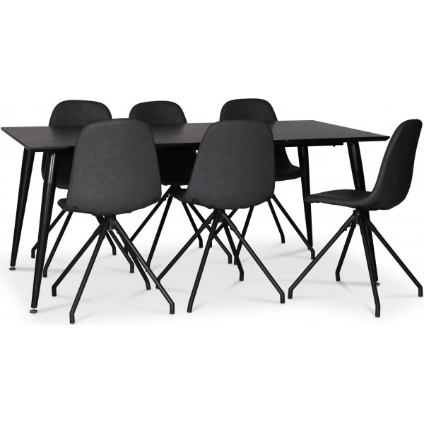 Kasta elintarvikkeiden ryhm; ruokapyt 180x90 cm ja kuusi mustaa kntyv Bridge-ruokailutuolia