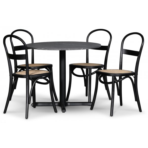 Solano-ruokailuryhm: Pyt 90 cm sislten 4 Axe-tuolia - Musta/harmaa marmori
