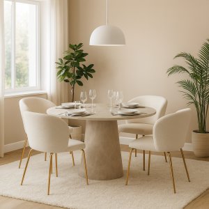 Ruokailuryhmä Lanzo Ø120 cm, beige marmori, 4 tuolia buklee-puvussa ja messinkijalat Ruokailuryhmä Lanzo Ø120 cm, beige marmori, 4 tuolia buklee-puvussa ja messinkijalat