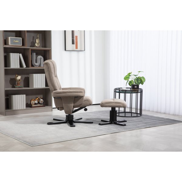 Oslon lepotuoli jakkaralla tummaa beigeä kangasta Oslon lepotuoli jakkaralla tummaa beigeä kangasta