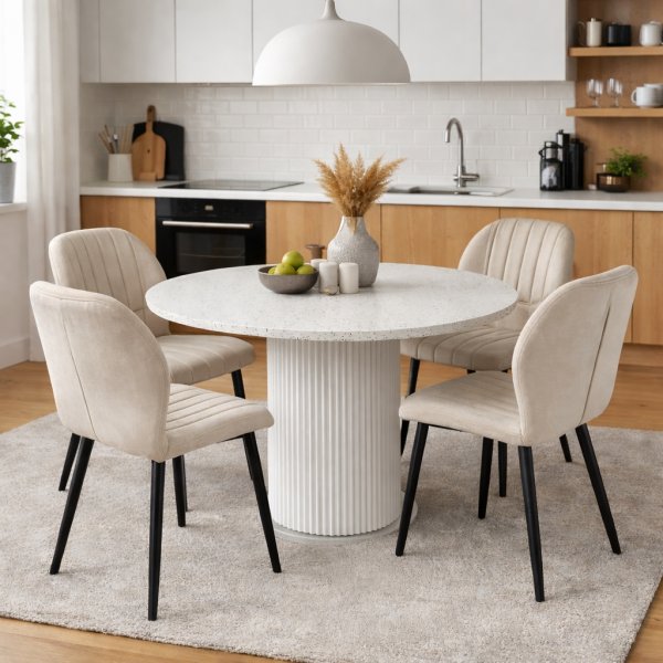 Ruokailuryhm� Sand� ruokap�yt� �120cm valkoinen terrazzo ja 4 Santos ruokatuolia beige sametti