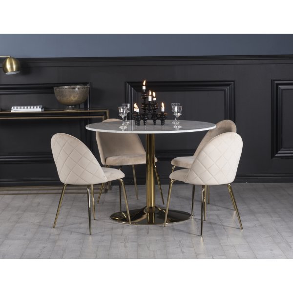 Plaza-ruokailuryhm, marmorinen pyt sek 4 Plaza-samettituolia - Beige/Valkoinen/Messinki