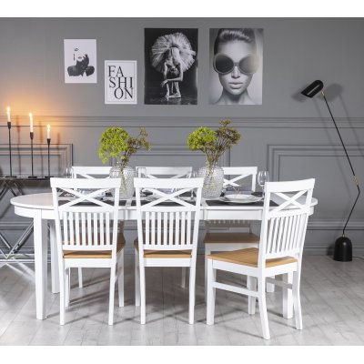 Gs ruokaryhm: Pyt 160/210 cm sislten 6 Fr tuolia ristill - Valkoinen/tammi