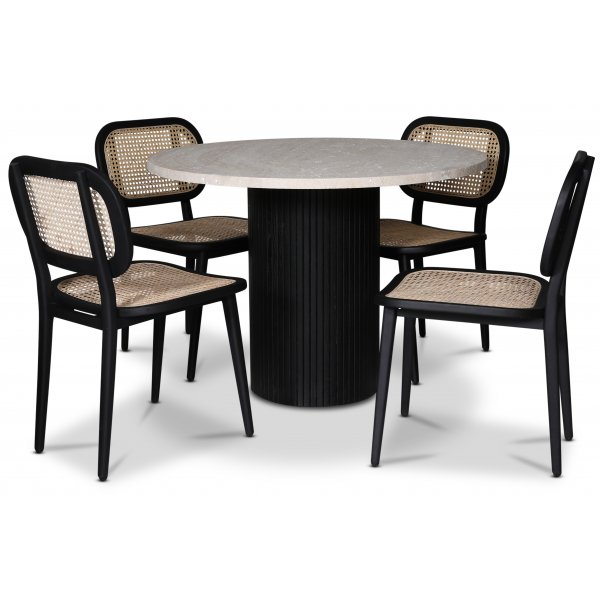 Desibeli elintarvikeryhmä; pyöreä ruokapöytä travertiinia + 4 Siknäs rottinkituolia Desibeli elintarvikeryhmä; pyöreä ruokapöytä travertiinia + 4 Siknäs rottinkituolia