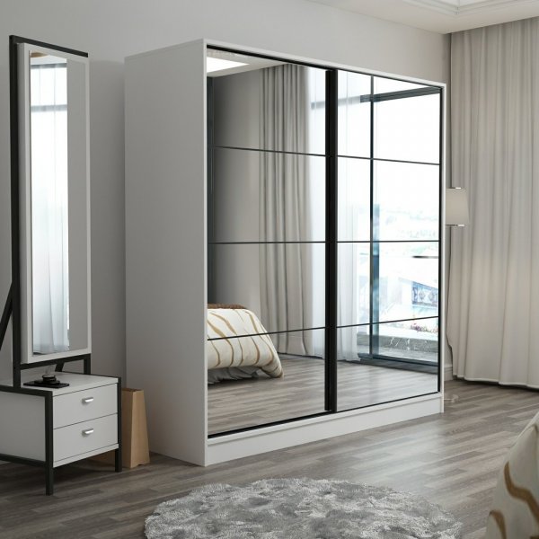 Kapusta vaatekaappi peiliovilla, 220x52x210 cm - Valkoinen Kapusta vaatekaappi peiliovilla, 220x52x210 cm - Valkoinen