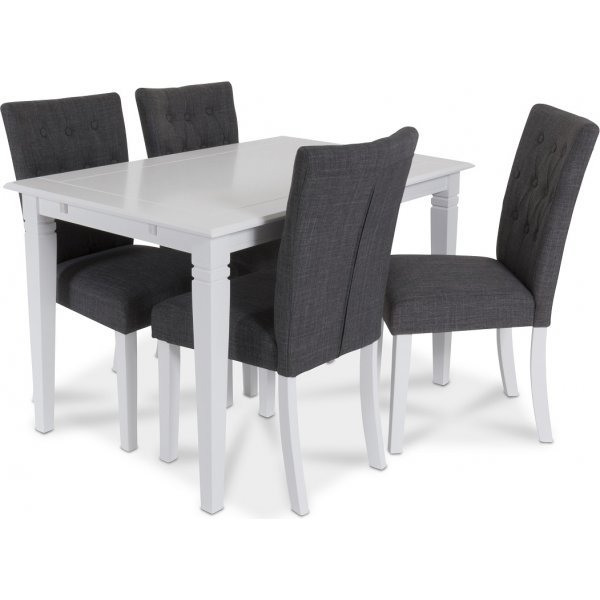 Sandhamn ruokailuryhm 120 cm pyt ja 4 Crocket-tuolia harmaata kangasta