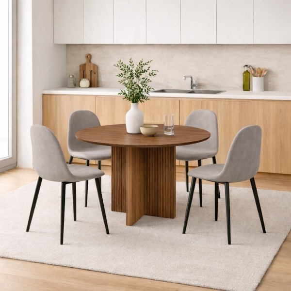 Ruokailuryhm� Crossby-p�yt� �120cm p�hkin�puuta ja 4 Carisma-ruokailutuolia vaaleanharmaasta samettista