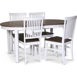 Skagen elintarvikeryhmä; ruokapöytä 160/210x90 cm - Valkoinen/ruskea öljytty tammi ja 4 Skagen tuolia ruskea/valkoinen Skagen elintarvikeryhmä; ruokapöytä 160/210x90 cm - Valkoinen/ruskea öljytty tammi ja 4 Skagen tuolia ruskea/valkoinen