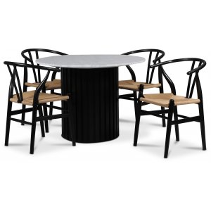 Sumo-ruokailuryhm 105 cm sis. 4 Brandon mustaa ruokapydn tuolia - Musta tahra / vaalea marmori