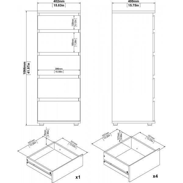 Nova kapea lipasto 5 laatikolla - tammi Nova kapea lipasto 5 laatikolla - tammi