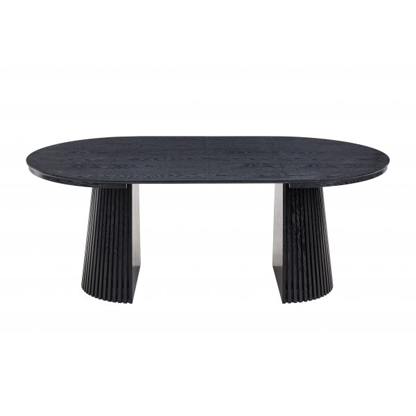 Ruokailuryhm� Crossby, jatkettava p�yt� �120-200cm, mustaksi petsattu tammi, ja 8 Callum-ruokailutuolia beigenv�risess� kankaass