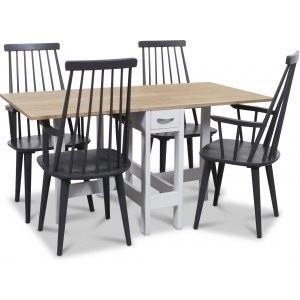 Signum ruokailuryhmä Kuonapöytä valkoinen/tammi 4 harmaalla Dalsland-ruokotuolilla käsinojilla Signum ruokailuryhmä Kuonapöytä valkoinen/tammi 4 harmaalla Dalsland-ruokotuolilla käsinojilla