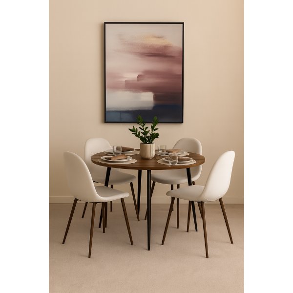 Dana-ruokapöytä Ø105 cm pähkinäpuuta ja 4 Alfred-ruokatuolia beigenvärisestä samettista ja pähkinäpuusta Dana-ruokapöytä Ø105 cm pähkinäpuuta ja 4 Alfred-ruokatuolia beigenvärisestä samettista ja pähkinäpuusta