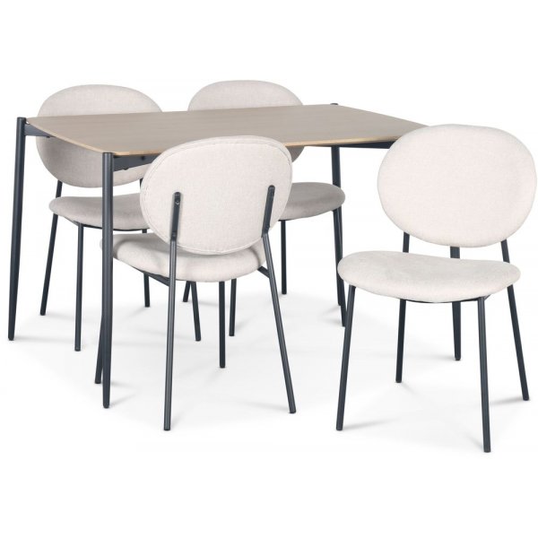 Lokrume ruokailuryhm 120 cm pyt vaaleaa puuta + 4 tuftattua beige tuolia
