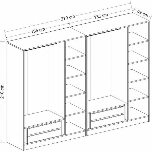 Cikani vaatekaappi peiliovilla 225x52x210 cm - Valkoinen