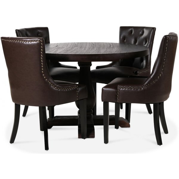 Lamier-ruokailuryhmä, pöytä ja 4 kpl Tuva-tuolia, verhoiltu ruskealla PU:lla + 4.00 x Tuolin tyyny Lamier-ruokailuryhmä, pöytä ja 4 kpl Tuva-tuolia, verhoiltu ruskealla PU:lla + 4.00 x Tuolin tyyny