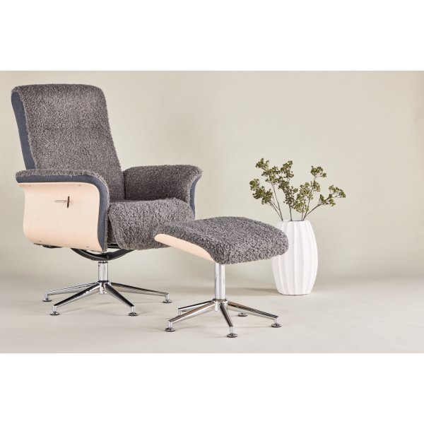 Nojatuoli jalkarahilla - Harmaa lampaannahkajljitelm/valkoiseksi maalattu tammi + Huonekalujen tekstiilien puhdistus