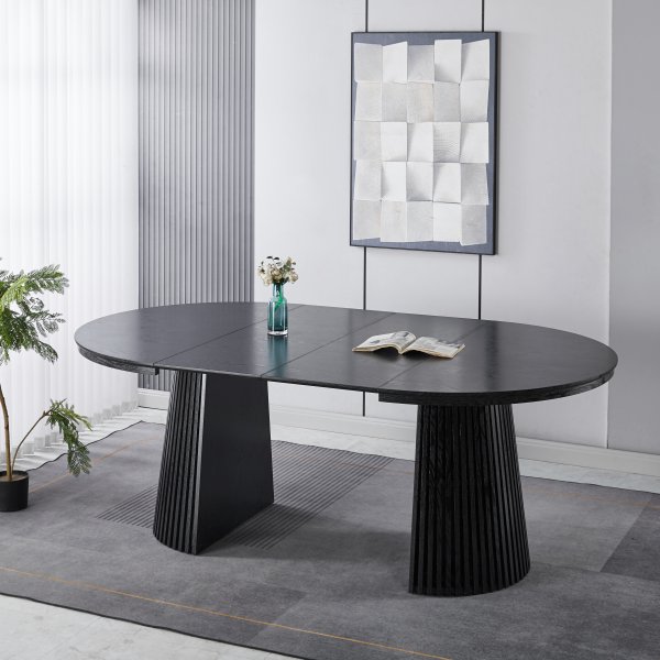 Ruokailuryhm� Crossby, jatkettava p�yt� �120-200cm, mustaksi petsattu tammi, ja 8 Callum-ruokailutuolia beigenv�risess� kankaass