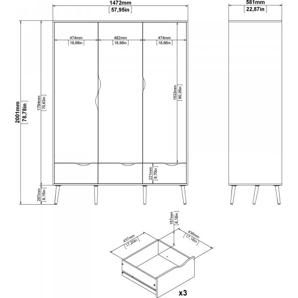 Oslon vaatekaappi 3 ovella - Valkoinen/tammi