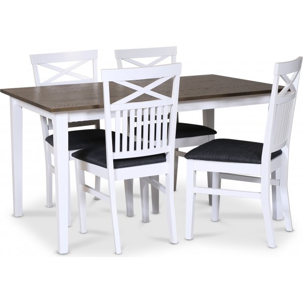 Skagen elintarvikeryhm; klassinen ruokapyt 140x90 cm - Valkoinen/ruskea ljytty tammi 4 Skagen-tuolilla (Risti takana) harmaa + 3.00 x Huonekalujen jalat