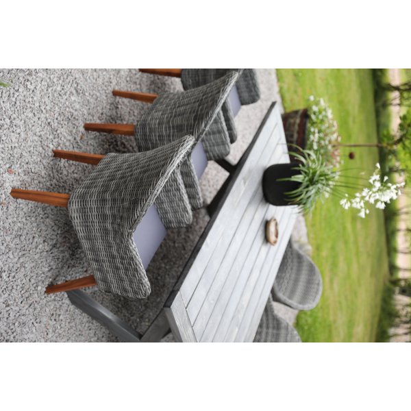 Oxfordin ulkoruokailuryhmä; harmaa pöytä 220 cm sis. 6 Valetta nojatuolit harmaa synteettinen rottinki Oxfordin ulkoruokailuryhmä; harmaa pöytä 220 cm sis. 6 Valetta nojatuolit harmaa synteettinen rottinki