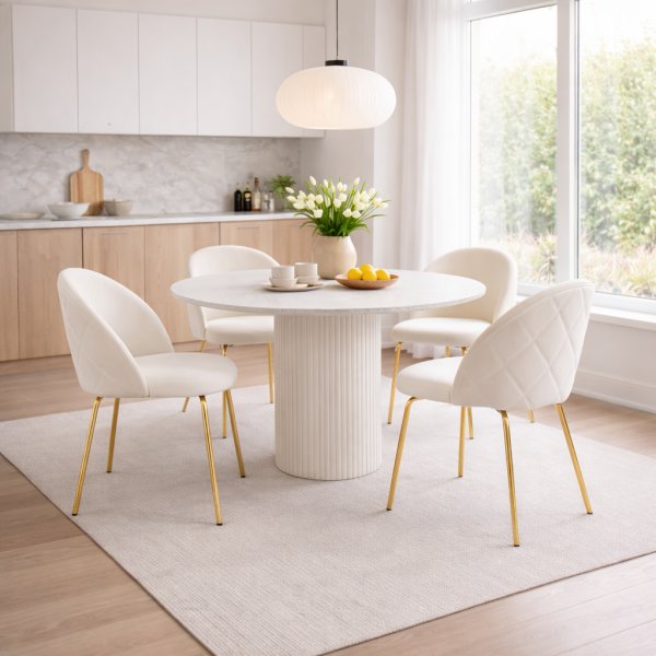 Ruokailuryhm� Sand� ruokap�yt� �120cm valkoinen terrazzo ja 4 Plaza ruokatuolia beige sametti