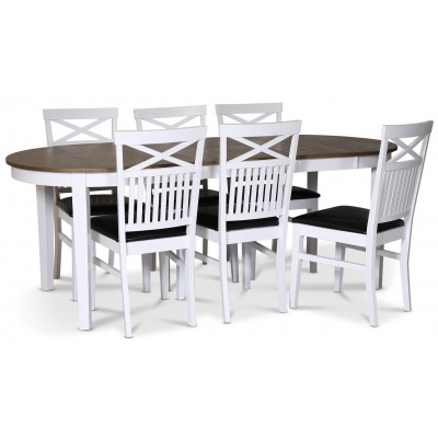 Skagen elintarvikeryhmä; ruokapöytä 160/210x90 cm - Valkoinen/ruskea öljytty tammi, jossa 6 Fårö-tuolia ristillä selkänojalla ja