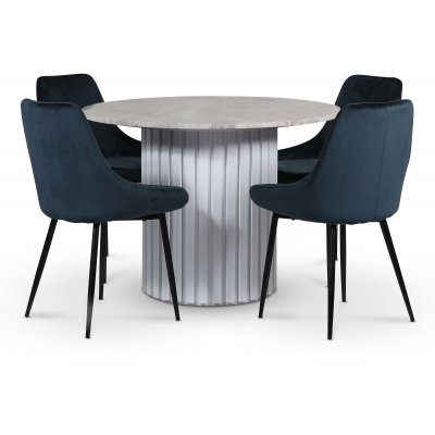 Empire ruokailuryhm 105 cm sis. 4 Theo blue -tuolia - Silver Diana marmori / Valkoinen slepuujalusta