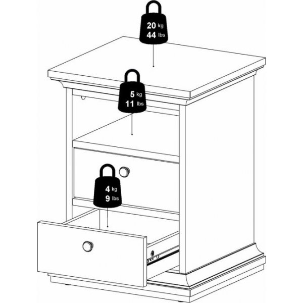 Parisin kapea yöpöytä, jossa 2 laatikkoa ja 1 avoin lokero - Valkoinen Parisin kapea yöpöytä, jossa 2 laatikkoa ja 1 avoin lokero - Valkoinen