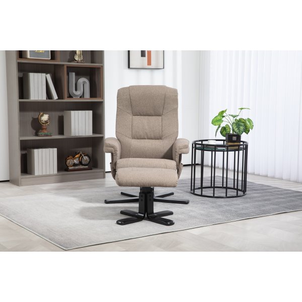 Oslon lepotuoli jakkaralla tummaa beigeä kangasta Oslon lepotuoli jakkaralla tummaa beigeä kangasta