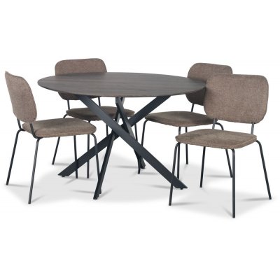 Hogrän ruokailuryhmä Ø120 cm tumma puupöytä + 4 Lokrume ruskeaa tuolia