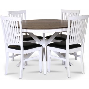 Skagen elintarvikeryhmä; pyöreä ruokapöytä Ø120 cm - Valkoinen/ruskea öljytty tammi ja 4 Fårö-tuolia (selkänojat) mustalla PU-is Skagen elintarvikeryhmä; pyöreä ruokapöytä Ø120 cm - Valkoinen/ruskea öljytty tammi ja 4 Fårö-tuolia (selkänojat) mustalla PU-is