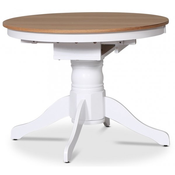 Pyöreä ruokapöytä, jatkettava Ø106-141 cm - Valkoinen / Öljytty tammi + Huonekalujen tekstiilien puhdistus Pyöreä ruokapöytä, jatkettava Ø106-141 cm - Valkoinen / Öljytty tammi + Huonekalujen tekstiilien puhdistus