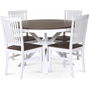 Skagen elintarvikeryhmä; pyöreä ruokapöytä Ø120 cm - Valkoinen/ruskea öljytty tammi, jossa 4 Skagen-tuolia (selkänojat) ruskeall Skagen elintarvikeryhmä; pyöreä ruokapöytä Ø120 cm - Valkoinen/ruskea öljytty tammi, jossa 4 Skagen-tuolia (selkänojat) ruskeall