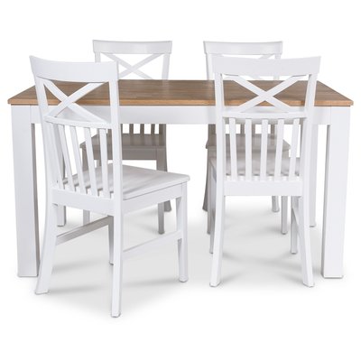 Dalarös-ruokailuryhmä, pöytä 140 cm valkoinen/tammi + 4 kpl Mellby-tuolia