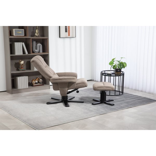 Oslon lepotuoli jakkaralla tummaa beigeä kangasta Oslon lepotuoli jakkaralla tummaa beigeä kangasta