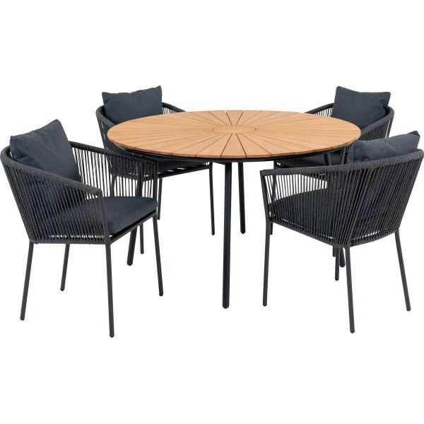 Cleveland ulkona ruokailuryhmä; 4 tuolia pyöreällä pöydällä - harmaa/musta/tiikki Cleveland ulkona ruokailuryhmä; 4 tuolia pyöreällä pöydällä - harmaa/musta/tiikki