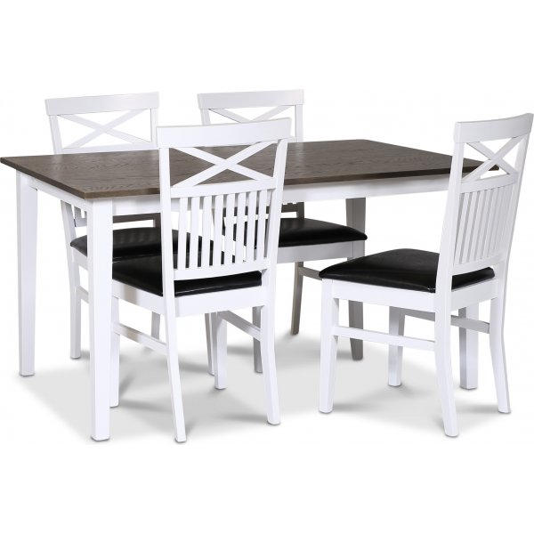 Skagen elintarvikeryhm; klassinen ruokapyt 140x90 cm - Valkoinen/ruskea ljytty tammi 4 Fr-tuolilla (Risti takana) mustalla + 3.00 x Huonekalujen jalat