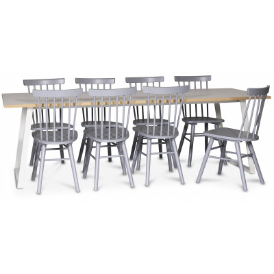 Edge ruokailuryhm; Ruokapyt valkoinen HPL 240x90 cm ja 8 harmaata Orust-ruoko-tuolia