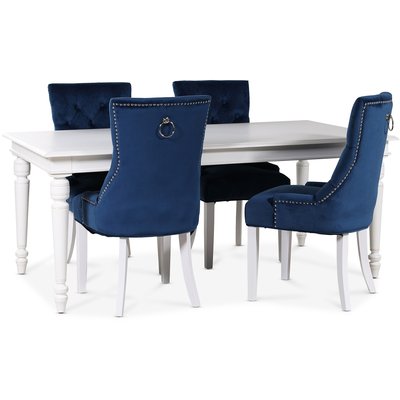 Paris ruokailuryhm, valkoinen pyt + 4kpl Tuva Decotique -tuolia - Sininen sametti ja kahva selknojassa