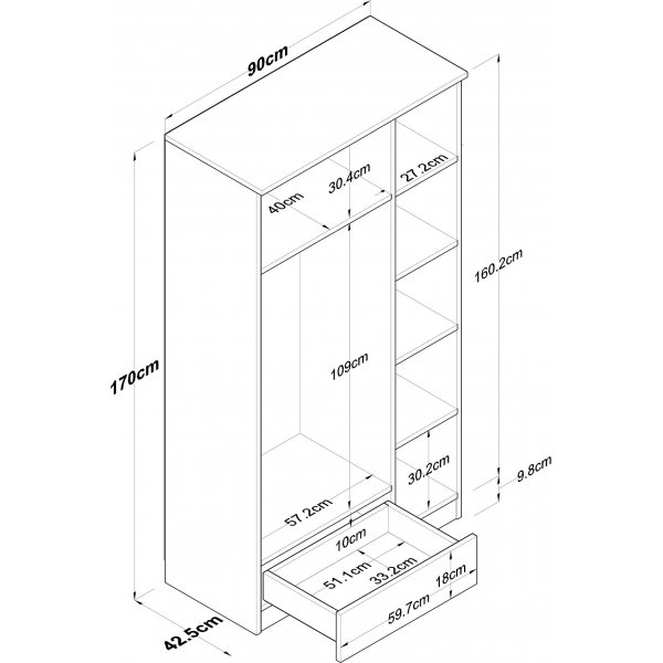 Muodikas vaatekaappi 90 cm - P�hkin�/valkoinen