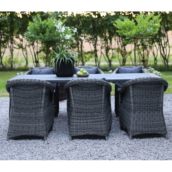 Oxfordin ulkoruokailuryhm; harmaa/valkoinen pyt 220 cm sis. 6 Mercury-nojatuolit harmaa synteettinen rottinki