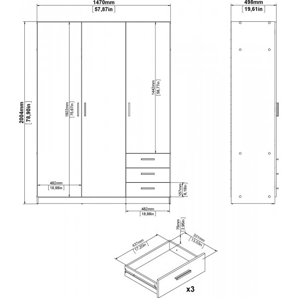 Sprint vaatekaappi 3 ovella ja 3 laatikkoa - harmaa Sprint vaatekaappi 3 ovella ja 3 laatikkoa - harmaa