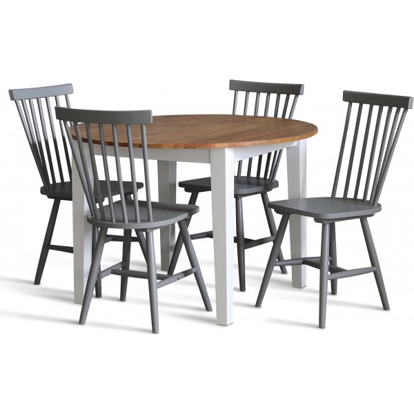 Dalsland-ruokailuryhmä: Pyöreä pöytä tammi/valkoinen ja 4 harmaata Cane-tuolia Dalsland-ruokailuryhmä: Pyöreä pöytä tammi/valkoinen ja 4 harmaata Cane-tuolia