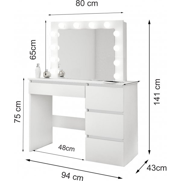 Turhamainen valkoinen peilipöytä valaistuksella Turhamainen valkoinen peilipöytä valaistuksella