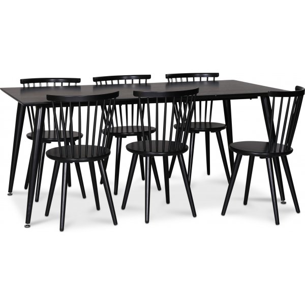 Kasta elintarvikkeiden ryhm; ruokapyt 180x90 cm ja 6 mustaa Castor cane -tuolia + 4.00 x Huonekalujen jalat