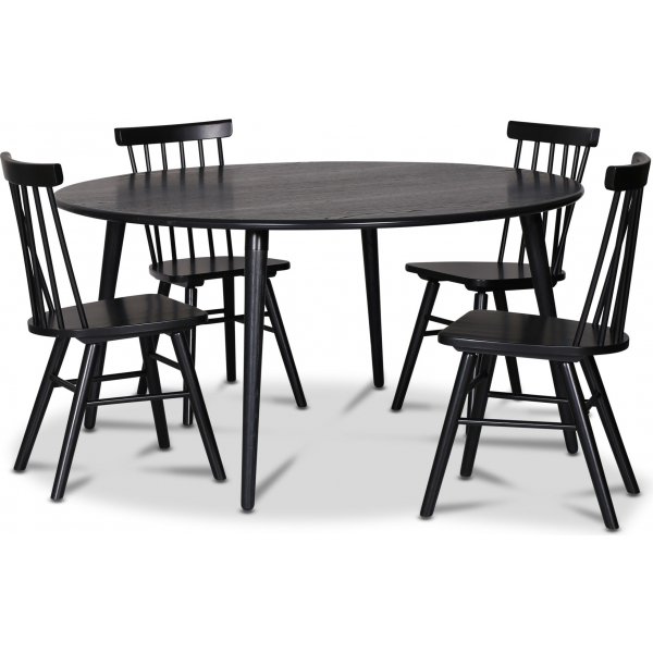 Omni-ruokailuryhm, pyre ruokapyt 130 cm sis. 4 Orust mustaa keppituolia - Mustaksi petsattua tammea + 3.00 x Huonekalujen jalat