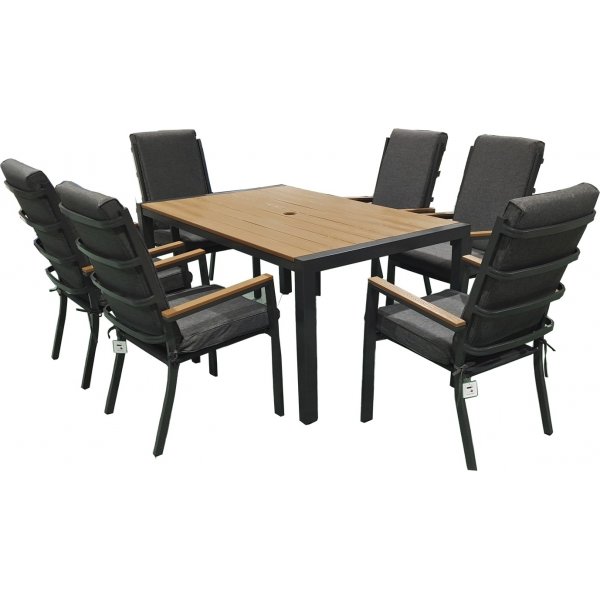 Ransby ulkoruokailuryhmä, jossa 6 runkotuolia ja ruokapöytä 160 cm - Harmaa/ruskea Ransby ulkoruokailuryhmä, jossa 6 runkotuolia ja ruokapöytä 160 cm - Harmaa/ruskea